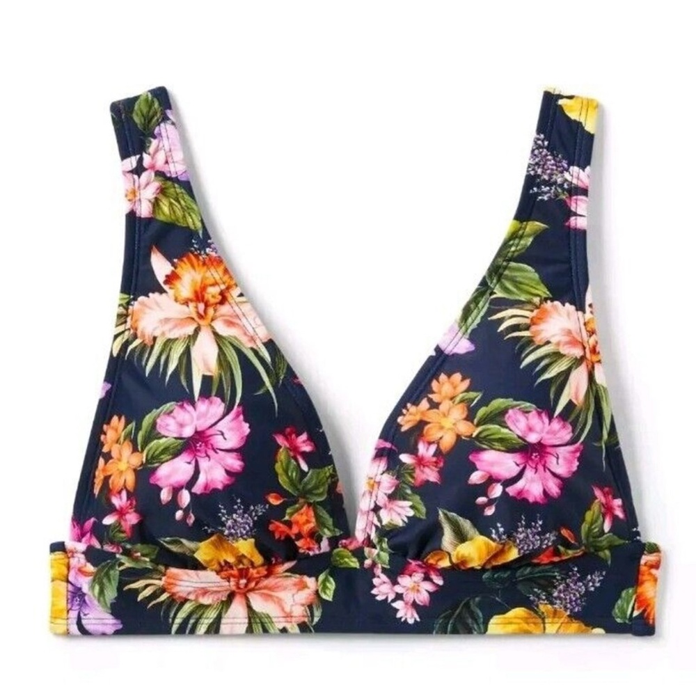 Kona Sol Target Navy Blue Floral Tropical Print Longline Bikini Top XL 16 NWT